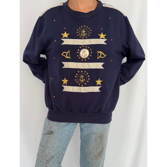 90s vintage navy blue sailor print nautical anchor embroidered pullover sweater - Picture 3 of 9
